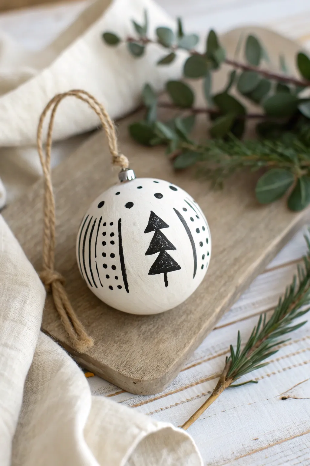 Modern air-dry clay ornaments with bold black patterns for a minimal Scandinavian Christmas look