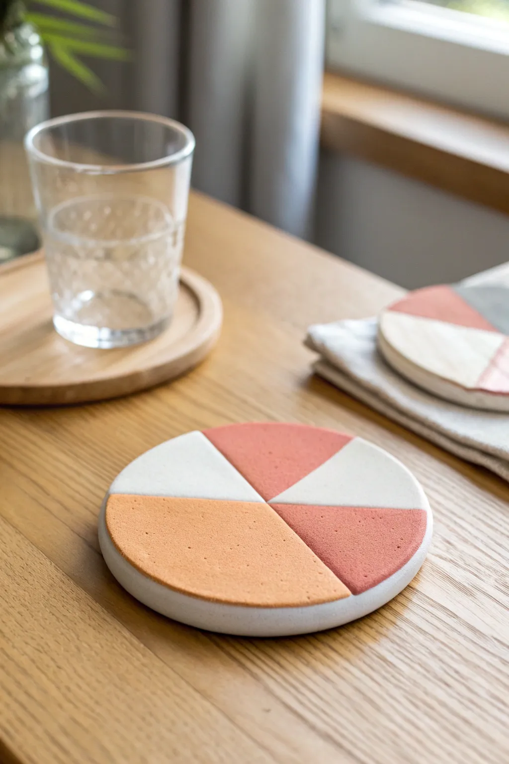 Minimal color-blocked air-dry clay coaster in neutral + bold accent, styled on warm wood