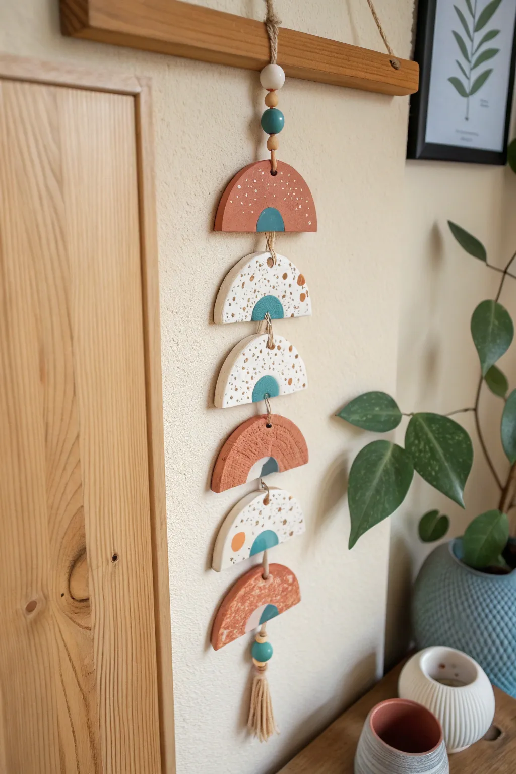 Boho air dry clay wall hanging with moons and shapes in bold, earthy colors on a wooden dowel