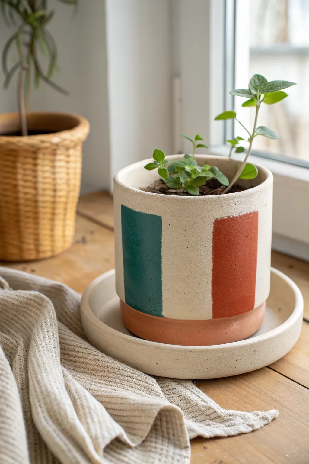 Minimal air dry clay cachepot with matching tray, bold color block, and cozy boho styling.