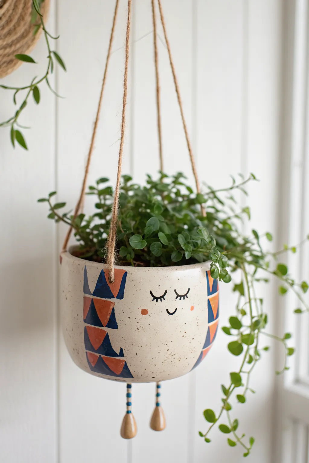 Whimsical air dry clay hanging character planter with trailing greenery in minimalist boho style.