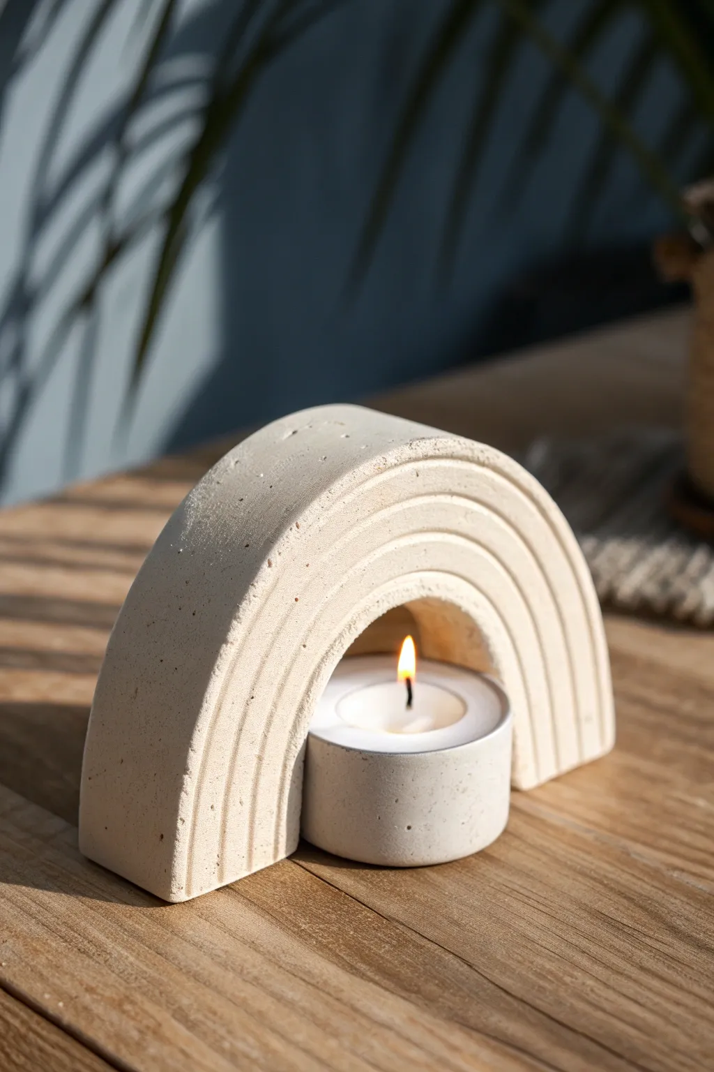 Minimal air dry clay tea light holder in soft neutrals, warm glow, and modern boho simplicity