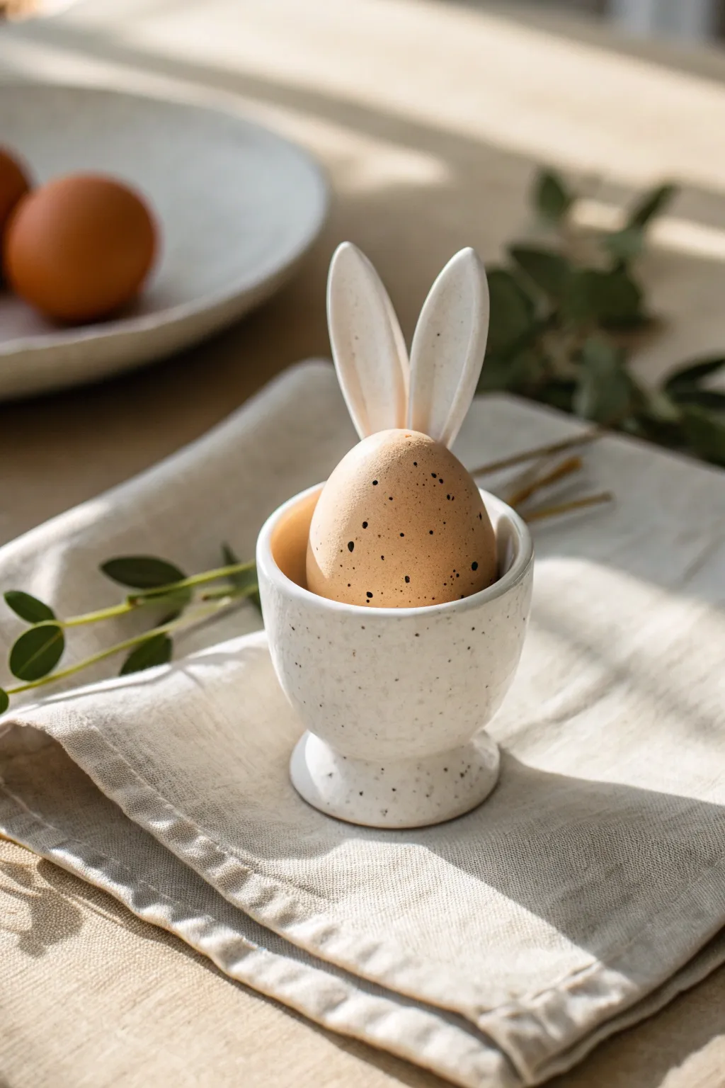 Minimal bunny ear clay egg cup holding a pastel egg, styled with linen and fresh greenery