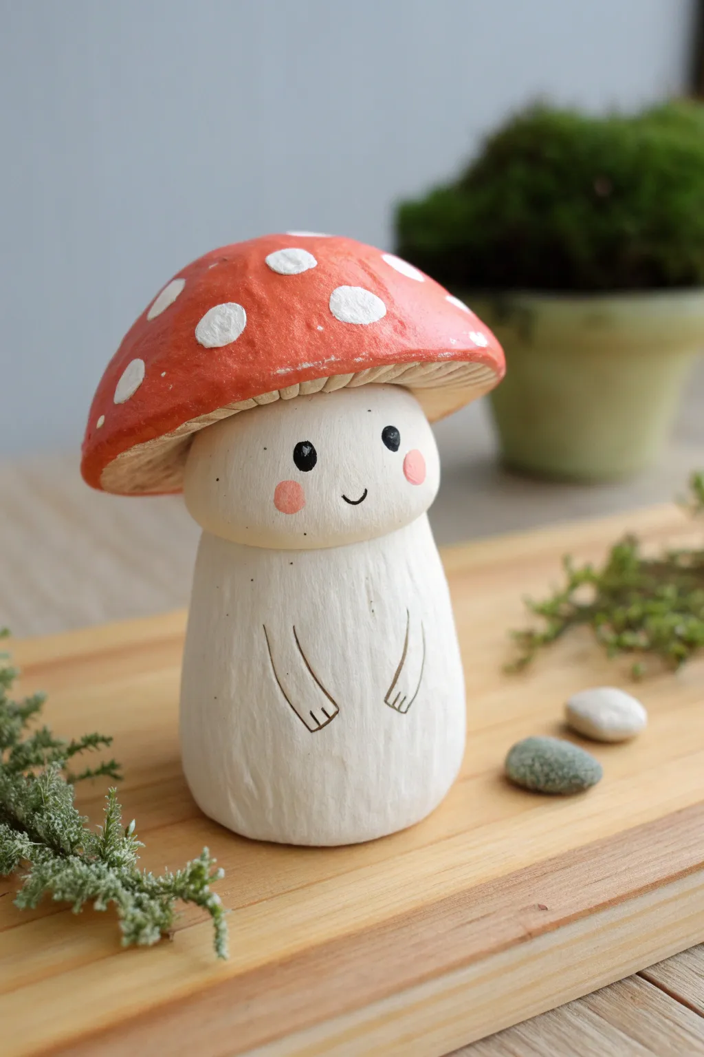 Little air dry clay mushroom person with bold cap color, minimalist styling and storybook charm