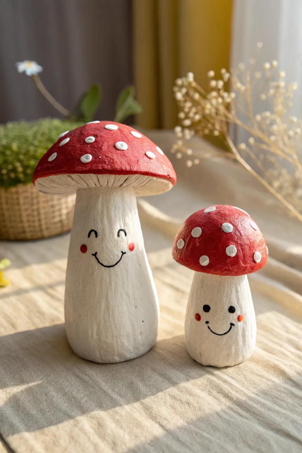 Two smiling air dry clay mushroom friends in bold red, styled minimal for a cozy woodland vibe.
