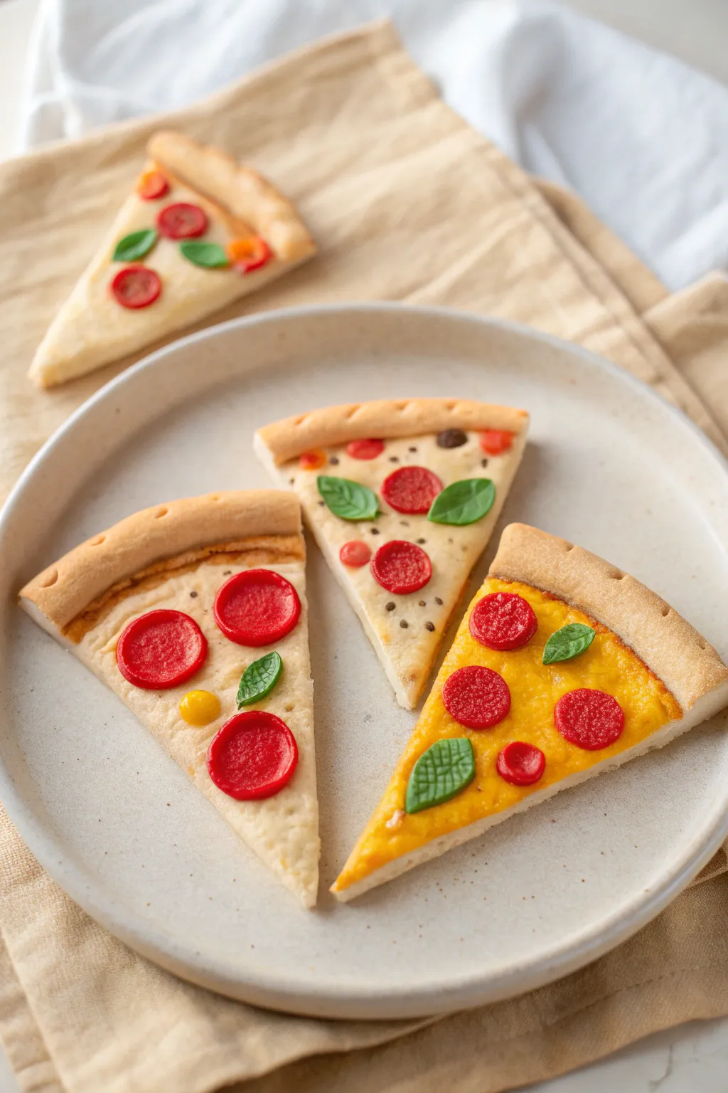 Air-dry clay mini pizza slices with playful toppings, bold colors, and minimalist charm.