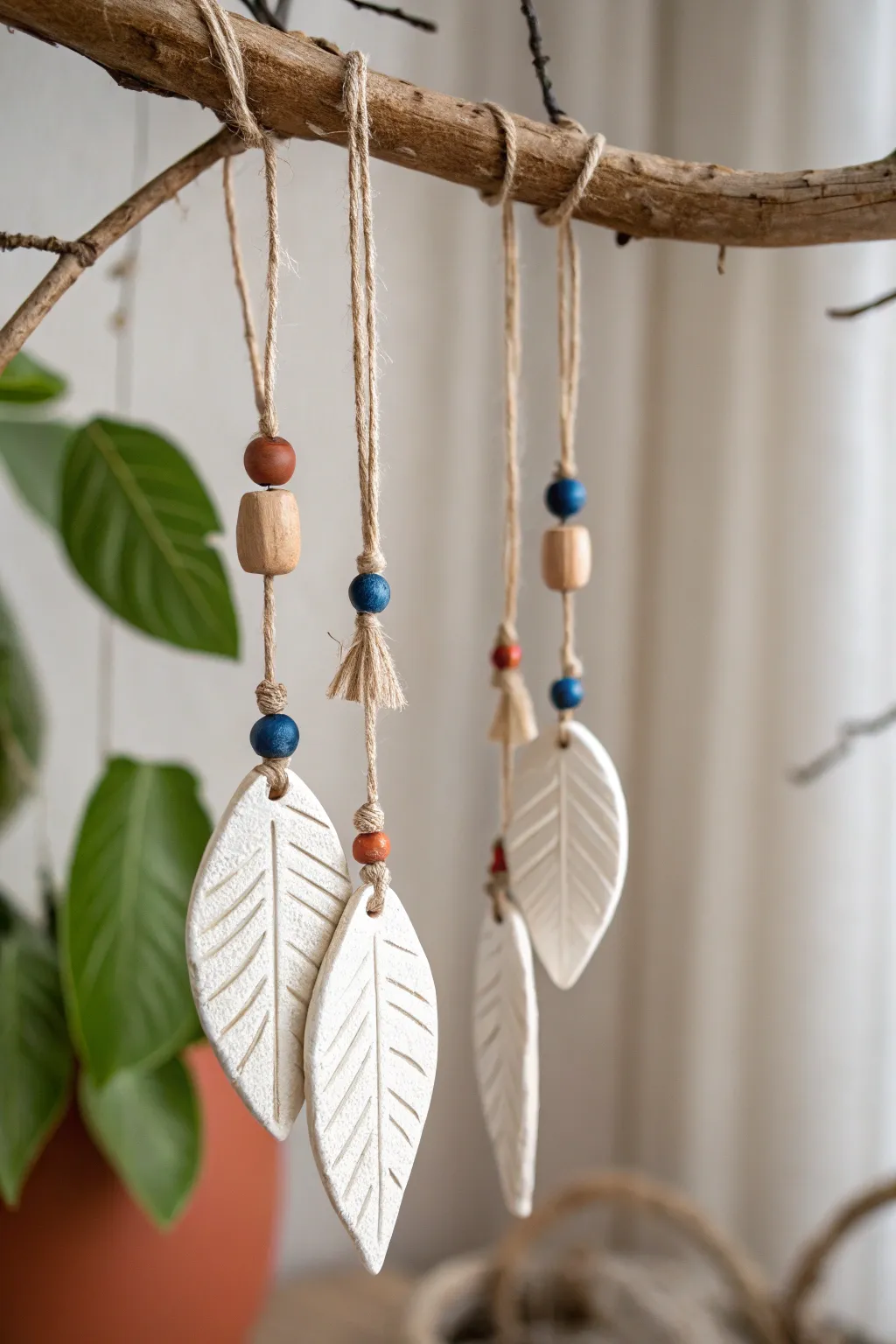 Minimal air dry clay wind chime with matte leaf charms, a calm boho accent for gardens.