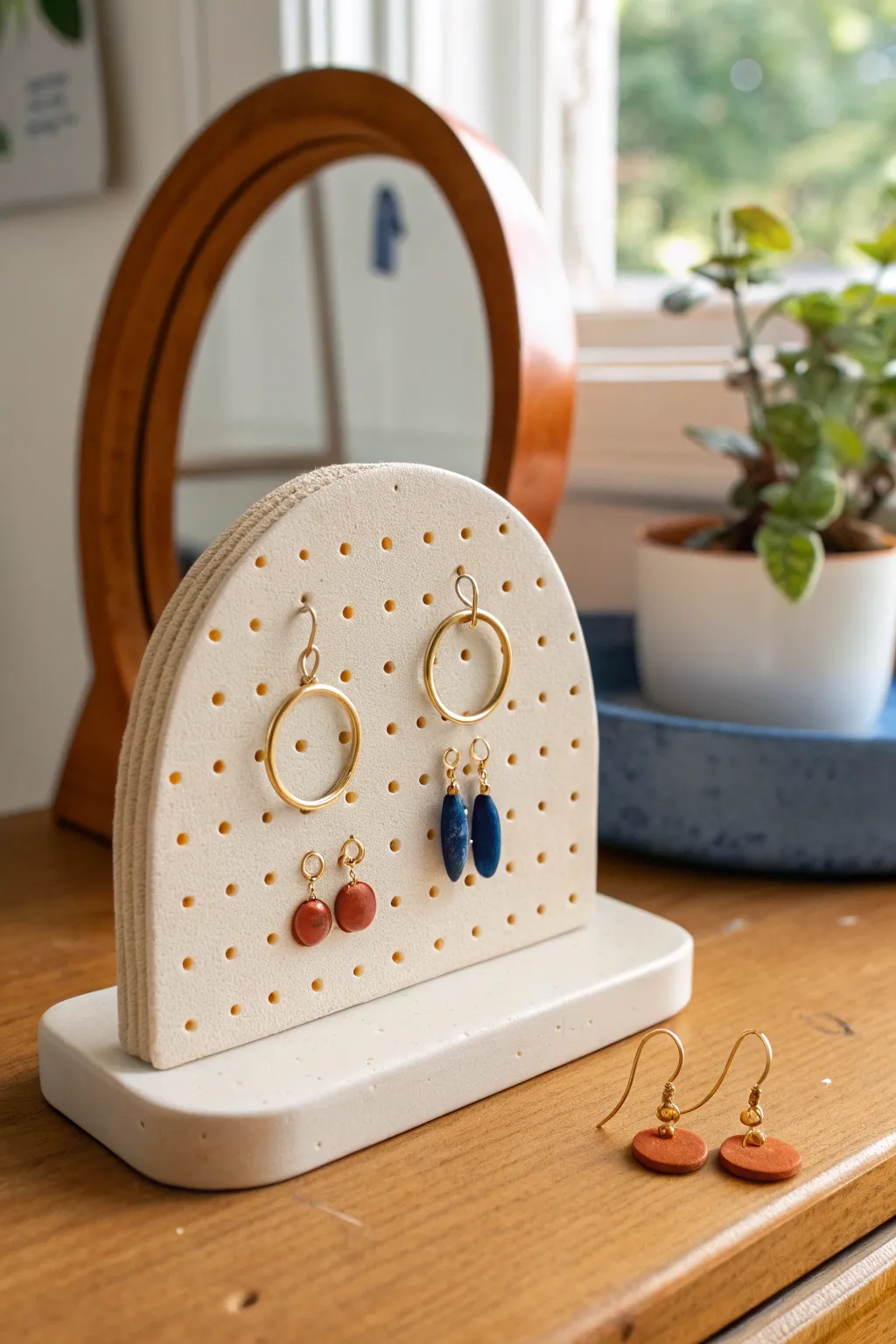 Minimal air dry clay earring stand with pegs, a chic handmade gift idea for adults.