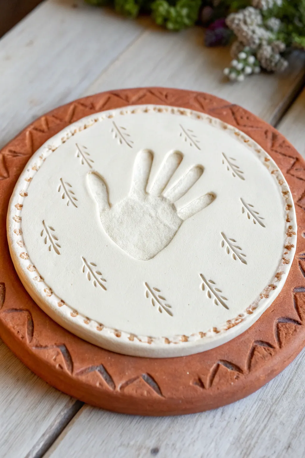 Minimal handprint keepsake with a stamped-style border, finished in a clean two-tone palette.