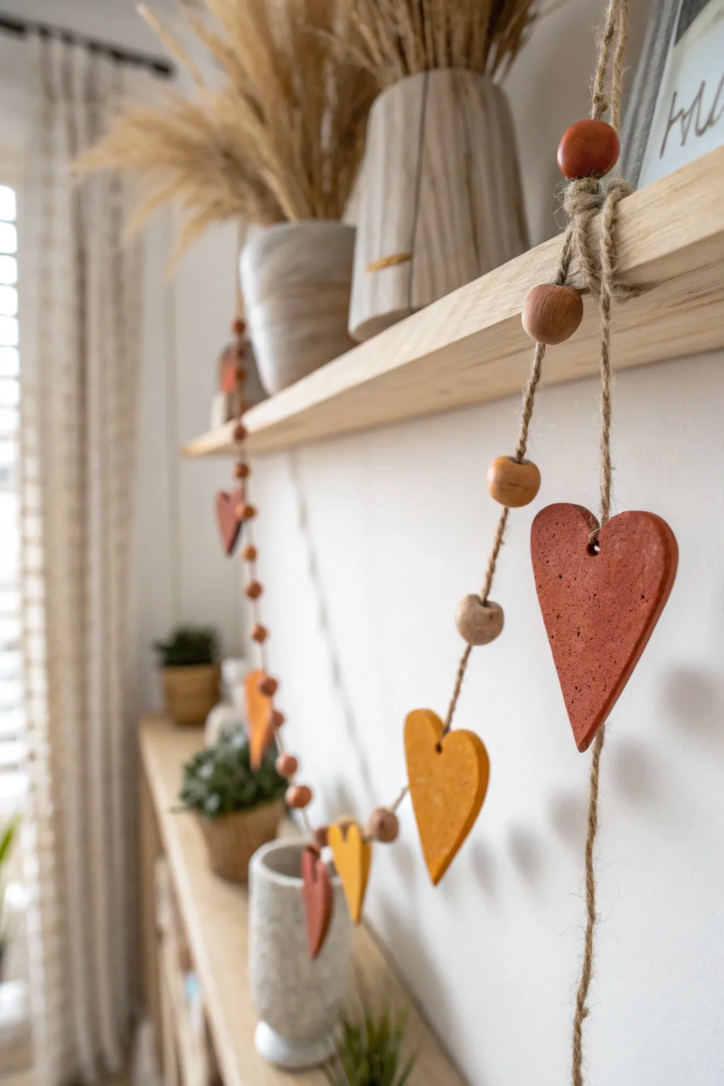 Simple air dry clay heart garland with twine and wooden beads for a cozy boho shelf accent.