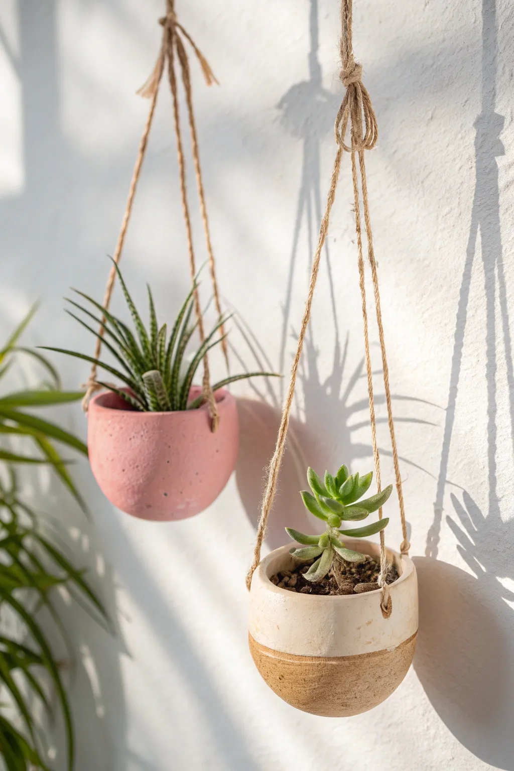 Minimal hanging pinch-pot planters with airy green air plants and soft Scandinavian boho charm.
