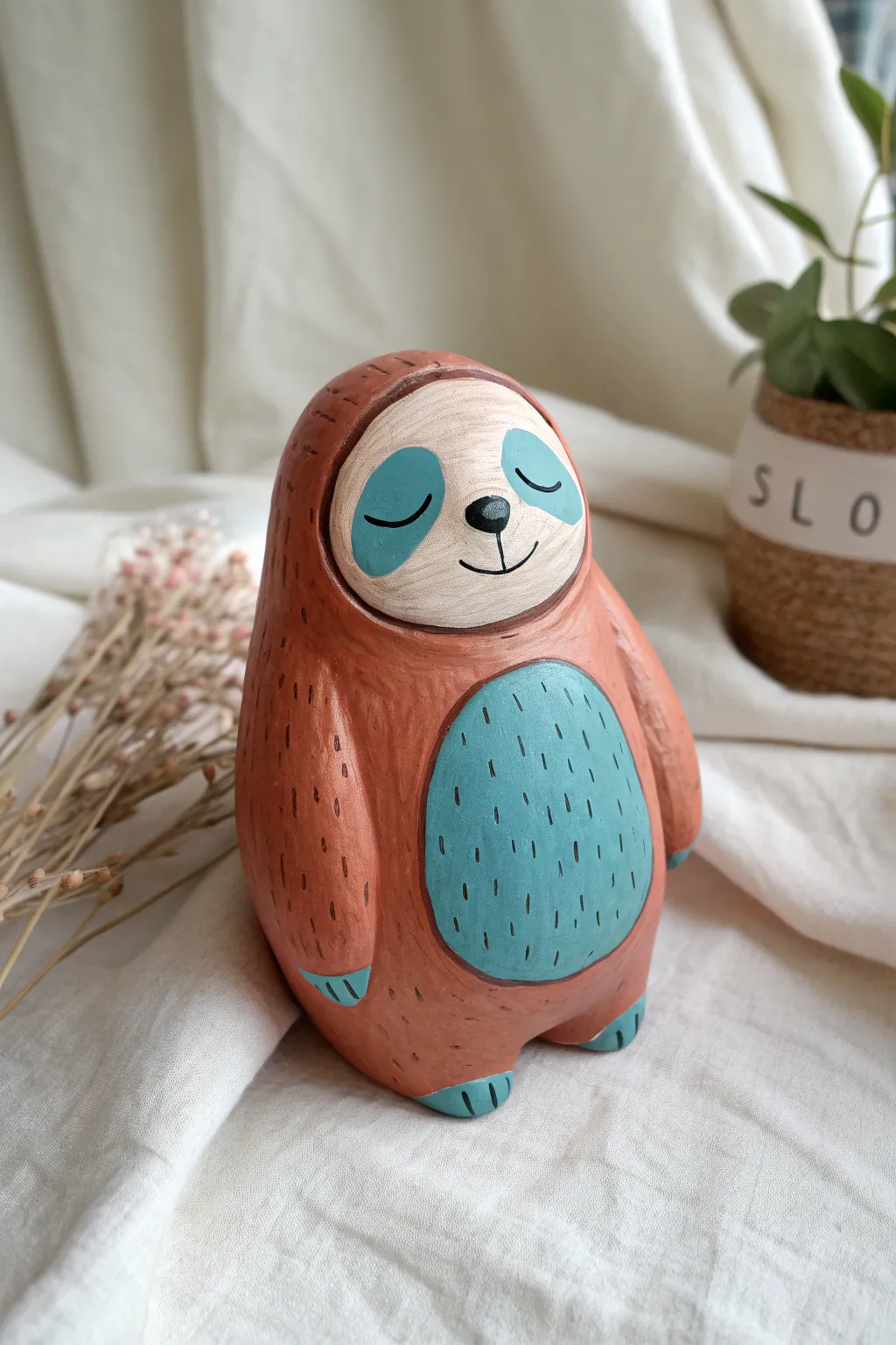 Cozy bean sloth air-dry clay figure, Scandinavian minimal with a bold pop of color.
