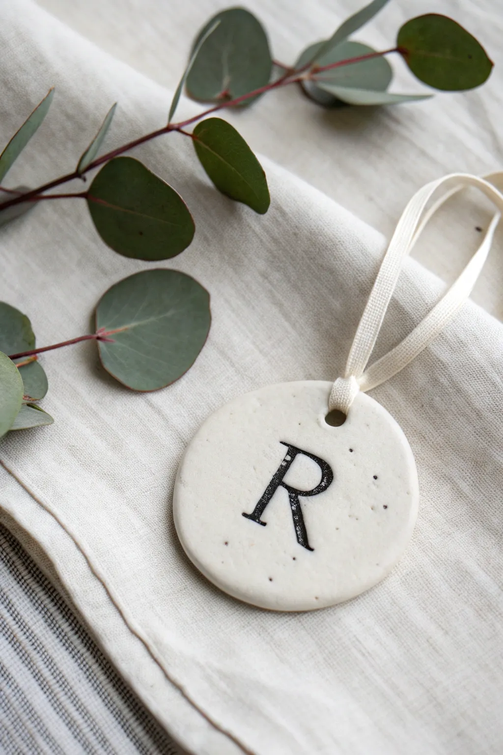 Minimal air-dry clay initial tag in crisp black and white, perfect for personal gifts and decor