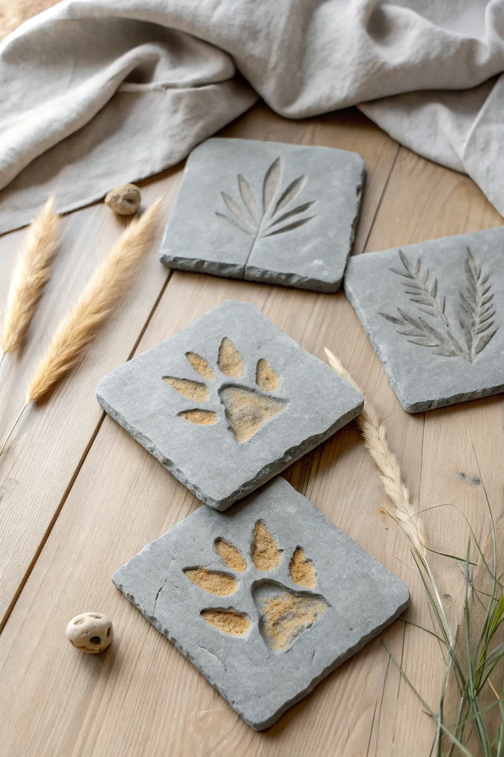 DIY dinosaur track stepping stones from air dry clay, styled in a minimalist boho tabletop trail