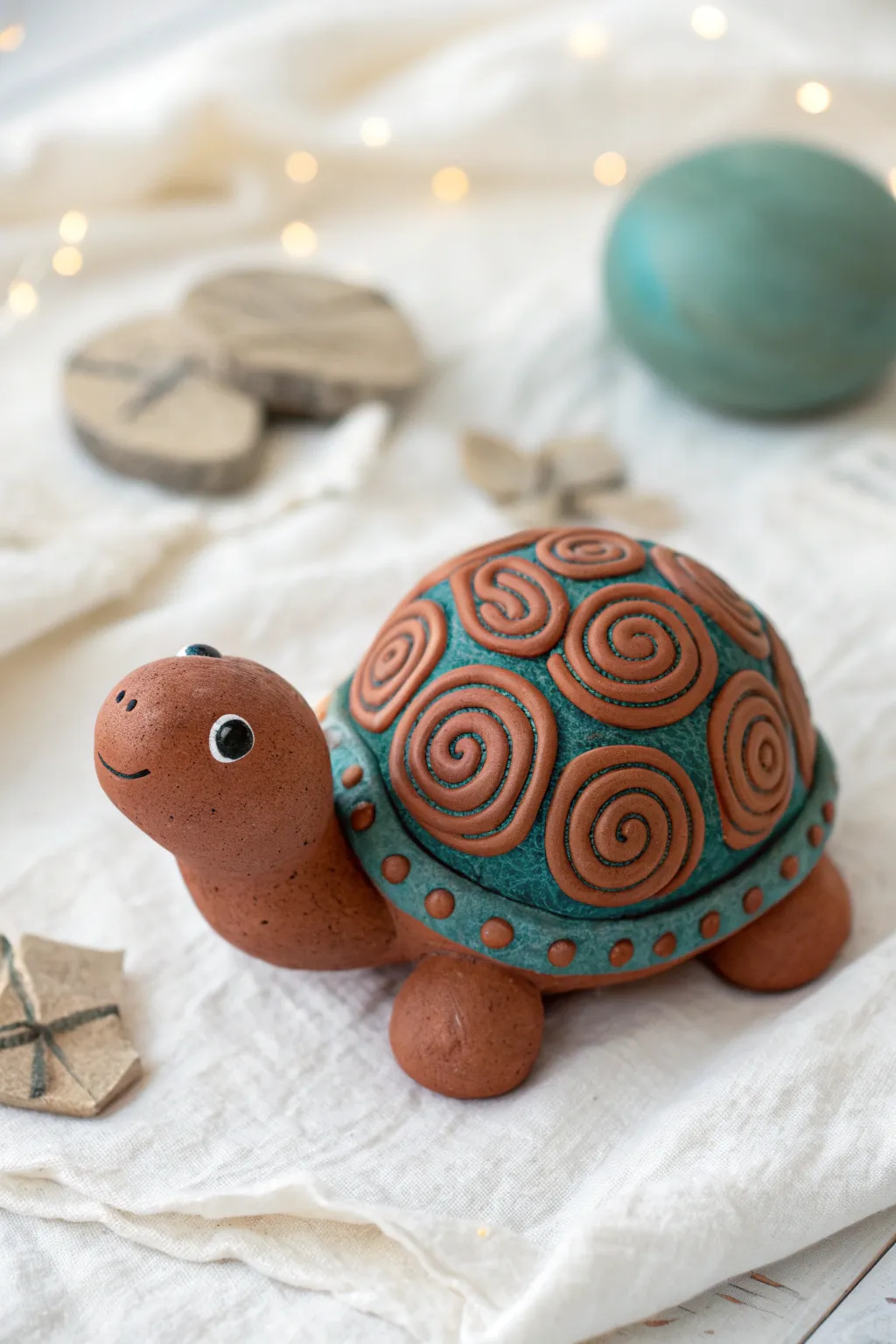 Beginner ball-and-snake clay turtle with bold colors, minimal styling, and a sweet face.