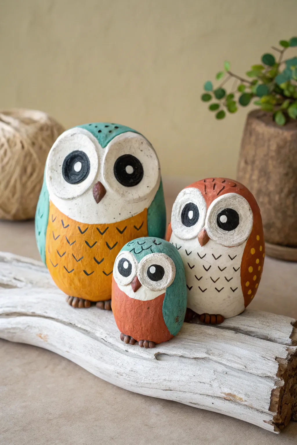 Three wide-eyed clay owls on a minimalist branch base, bright boho colors, cozy Nordic vibe.