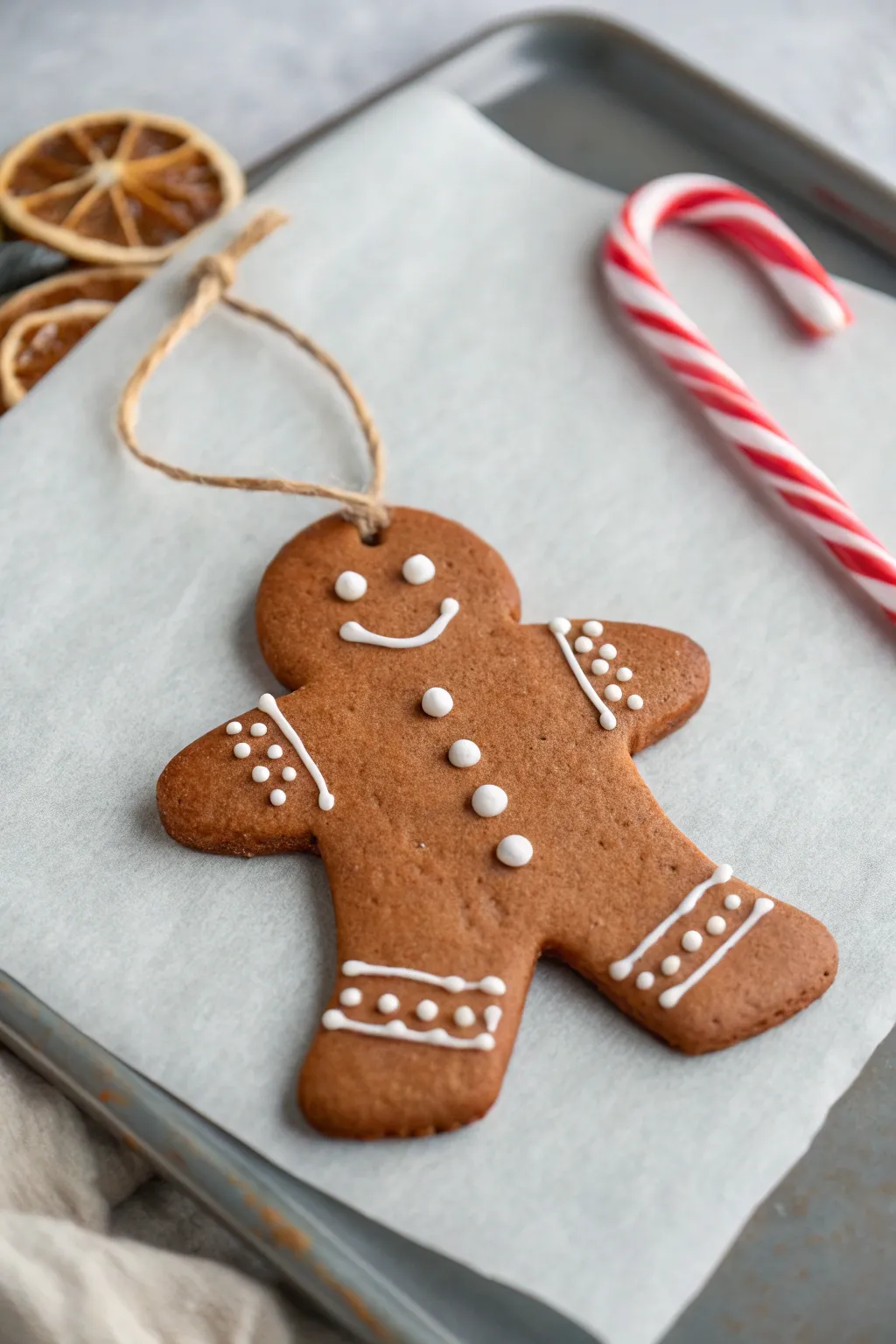 Air dry clay gingerbread buddy ornament with simple white icing details, perfect for kids at Christmas.
