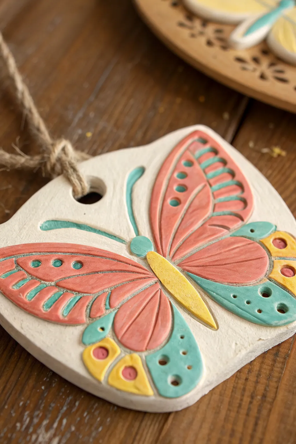 Bright butterfly symmetry clay plaque in bold colors, perfect kindergarten shelf or wall decor