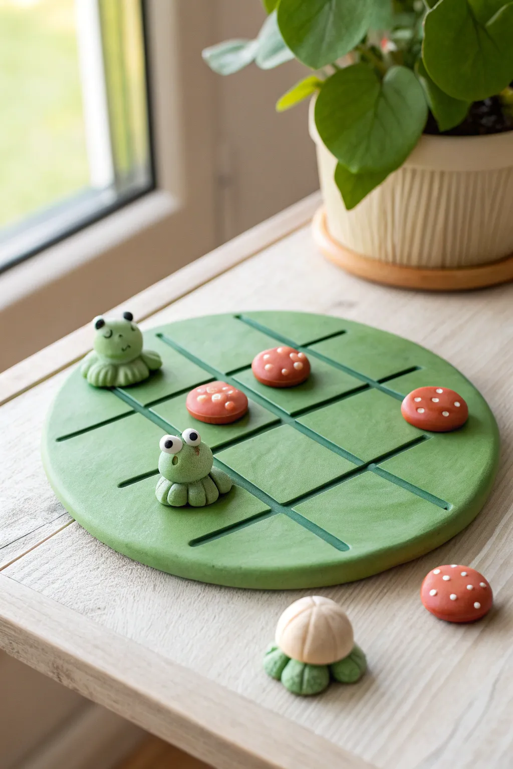 Air-dry clay lily pad tic tac toe set with frog and mushroom pieces in fresh pond green