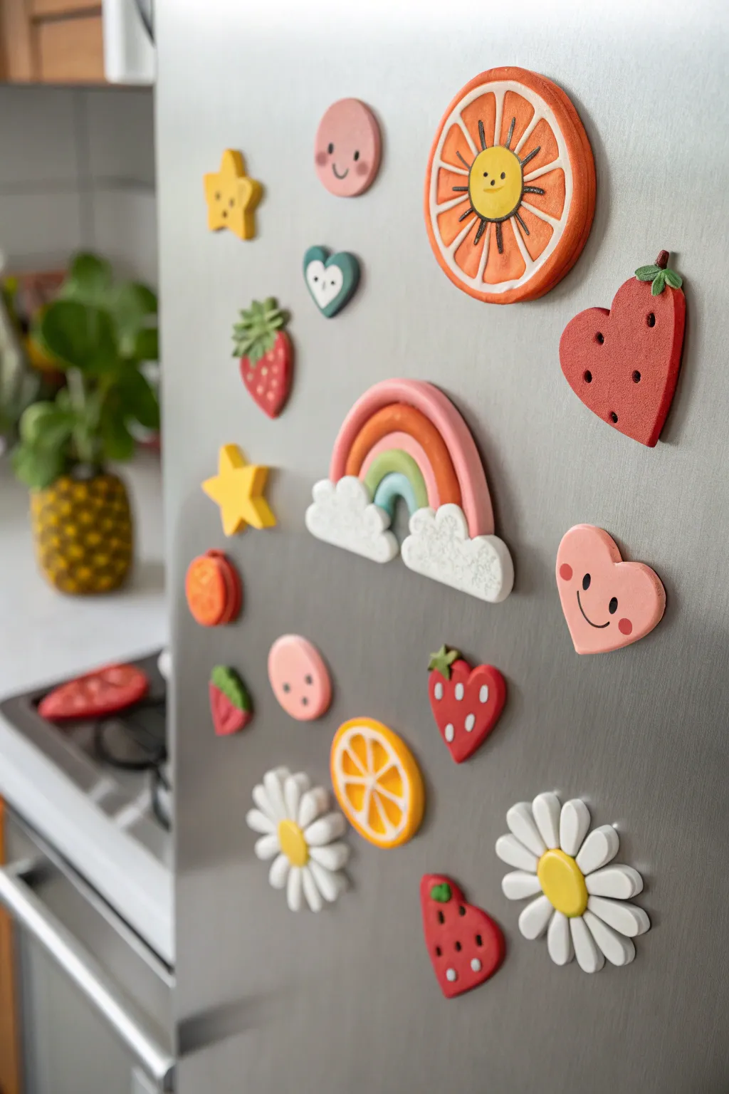 Tiny air-dry clay fridge magnets in a cheerful mini series, sweet handmade items to sell.