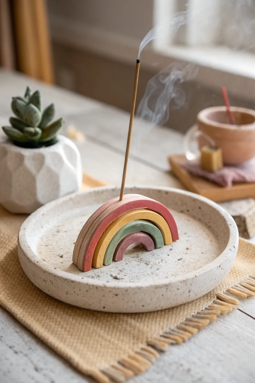 Rainbow arch air dry clay incense holder with tray, bold color pop on minimalist backdrop.