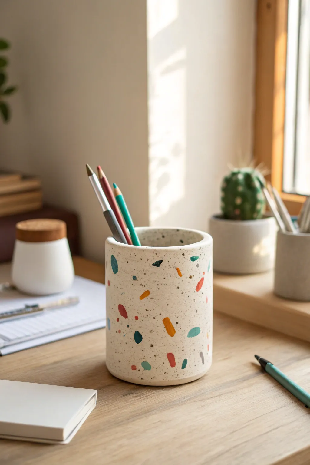 Terrazzo confetti air dry clay pen jar for a bright, minimalist desk with boho warmth.