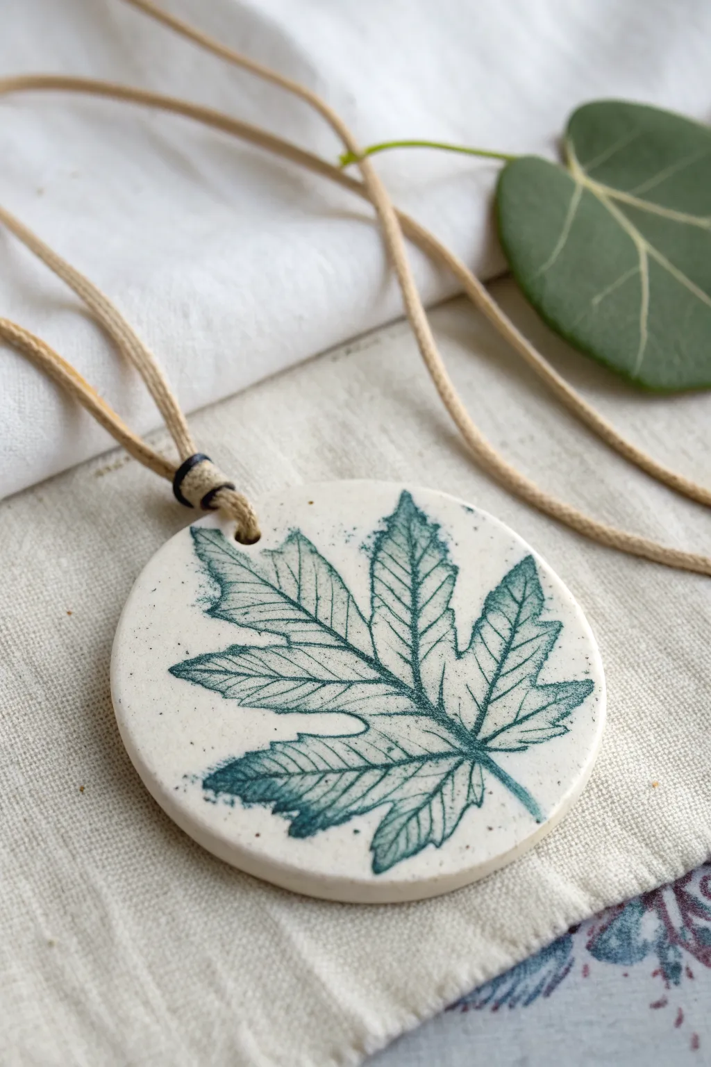 Botanical imprint air-dry clay medallion necklace with crisp leaf veins and earthy boho vibe.