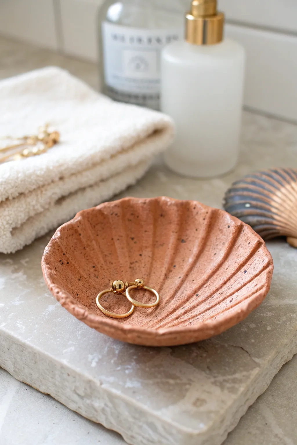 Air dry clay shell dish keeps studs and rings tidy, chic and minimal for any vanity.