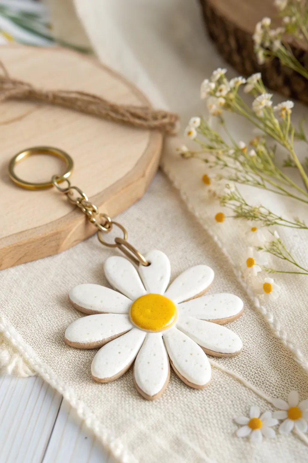 Minimalist daisy air dry clay keychain with glossy yellow center and crisp white petals