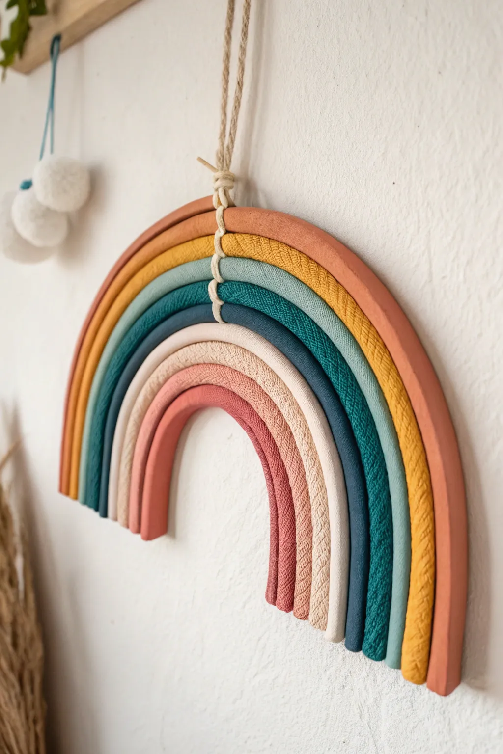 Matte color blocked clay rainbow wall hanging with bold hues and minimalist boho charm
