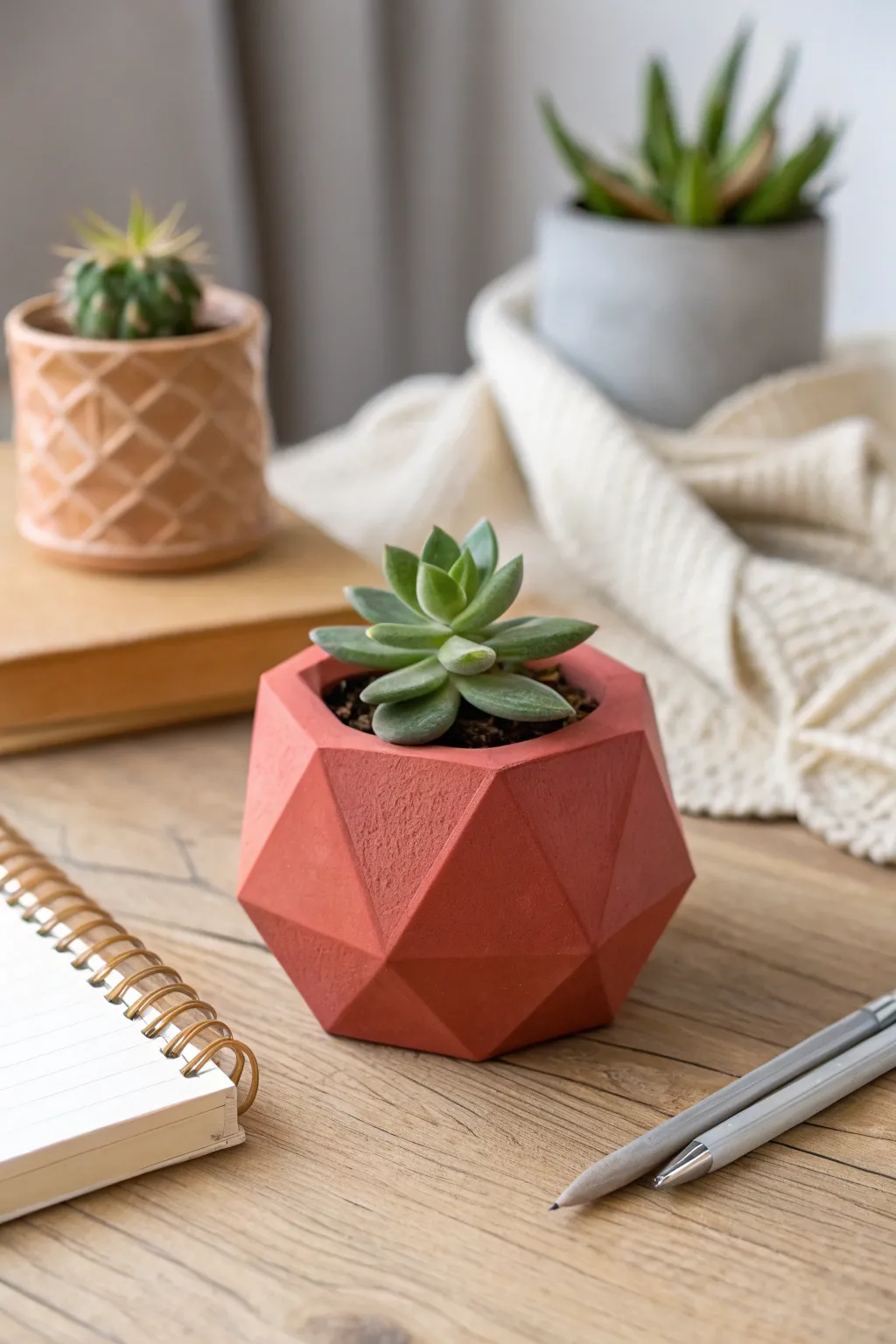 DIY-ready faceted air-dry clay desk planter with succulent, minimal Scandi-boho style