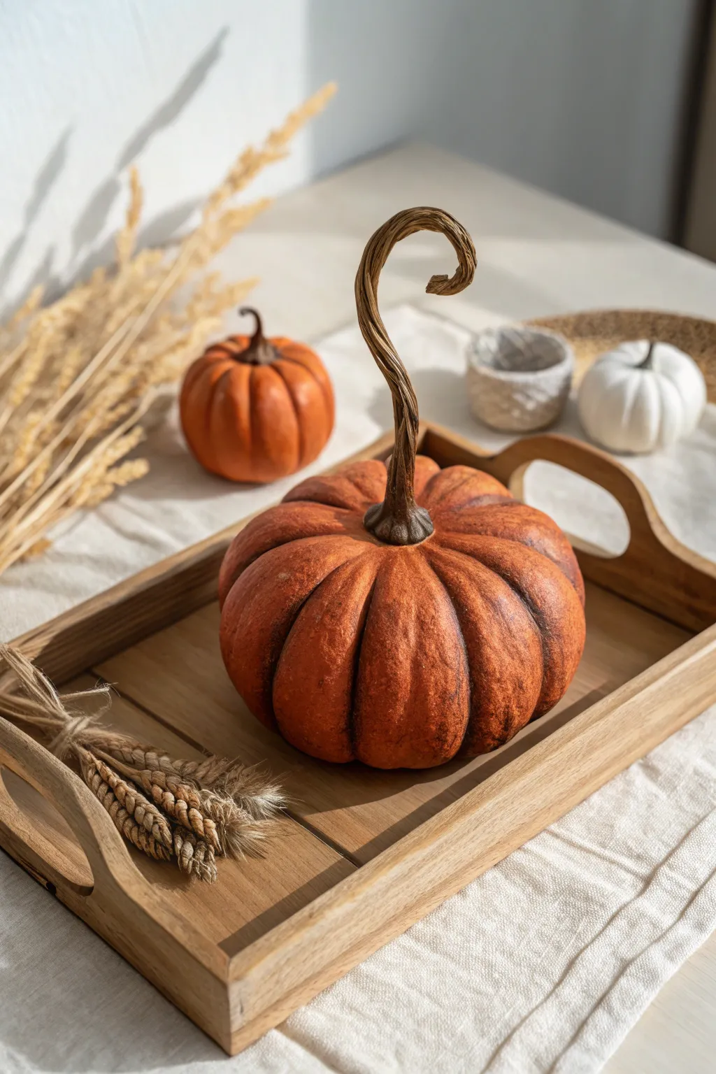 Twisty-stem air dry clay pumpkin centerpiece in warm earthy tones, minimal yet bold autumn decor.