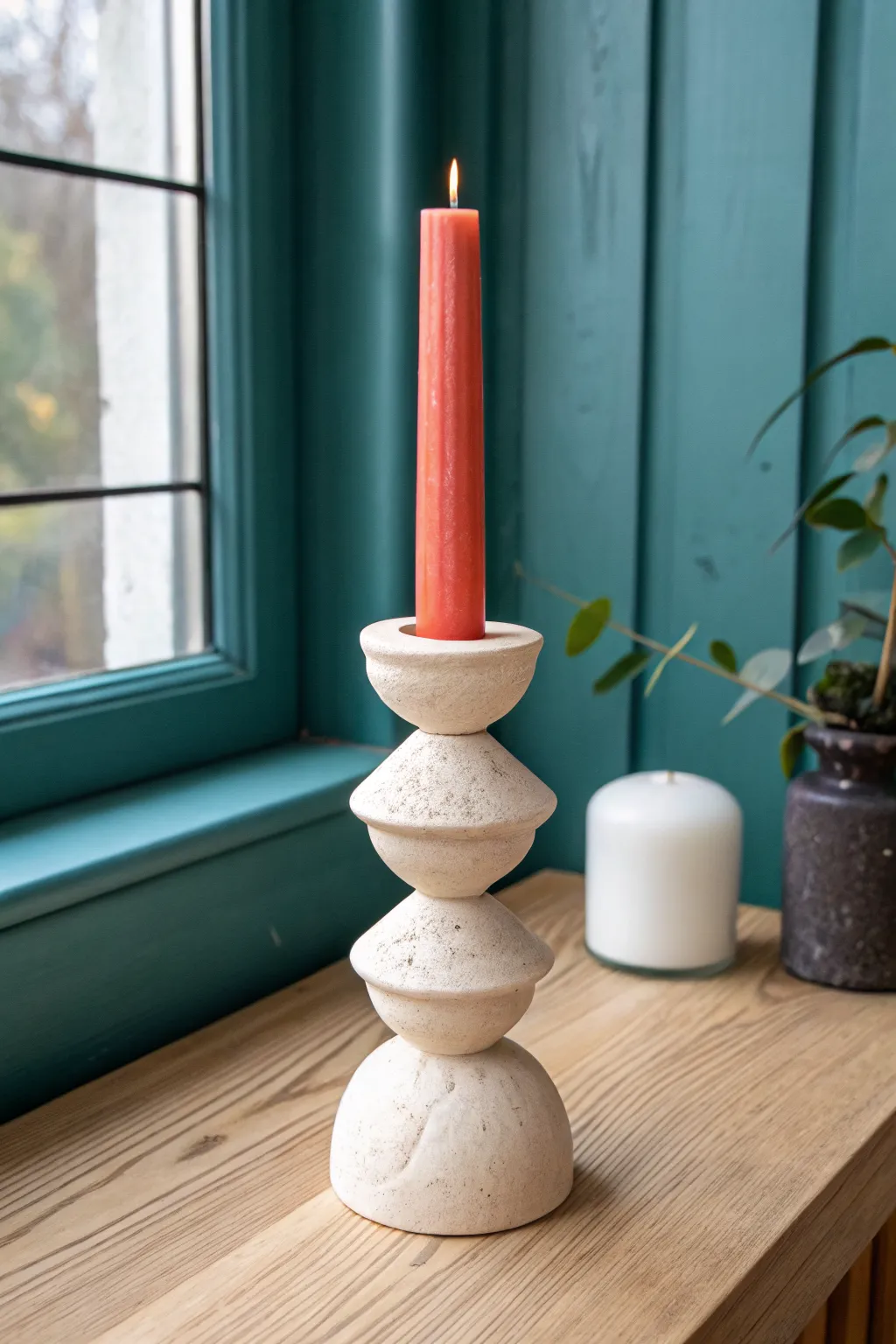 Modern air-dry clay candle holder totem in off-white with a bold taper for cozy minimal vibes.
