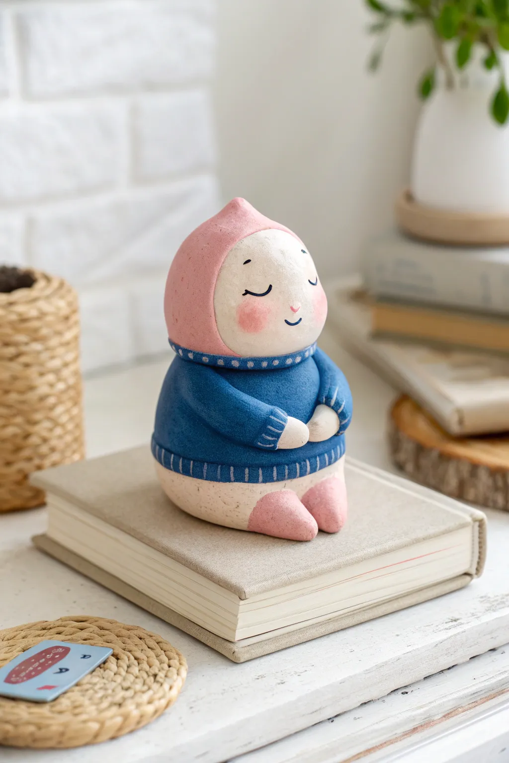 Cute air dry clay character sitting on books, minimalist boho styling with bold contrast colors
