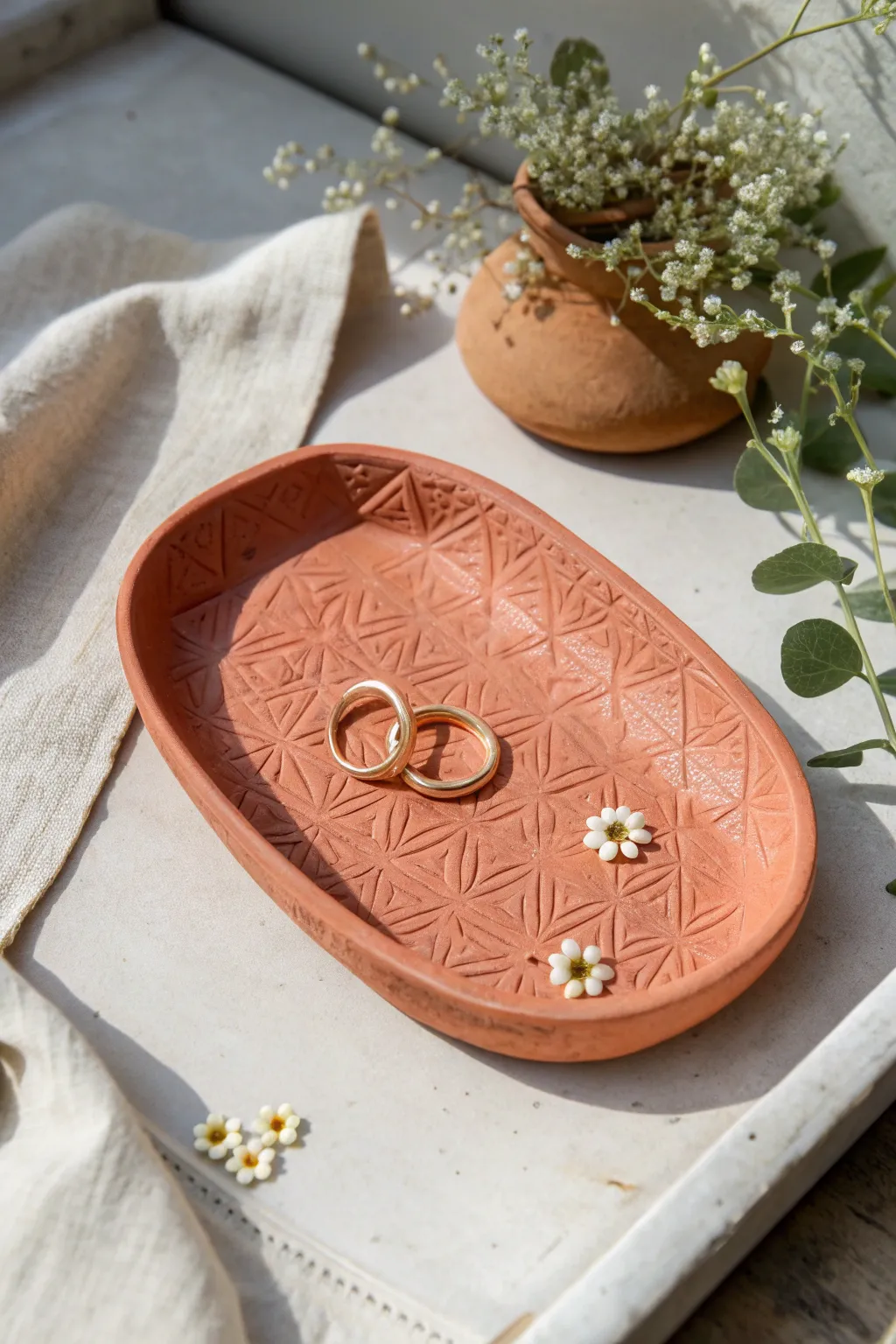 Stamped air dry clay tray in bold satin color, perfect for rings and tiny everyday treasures.