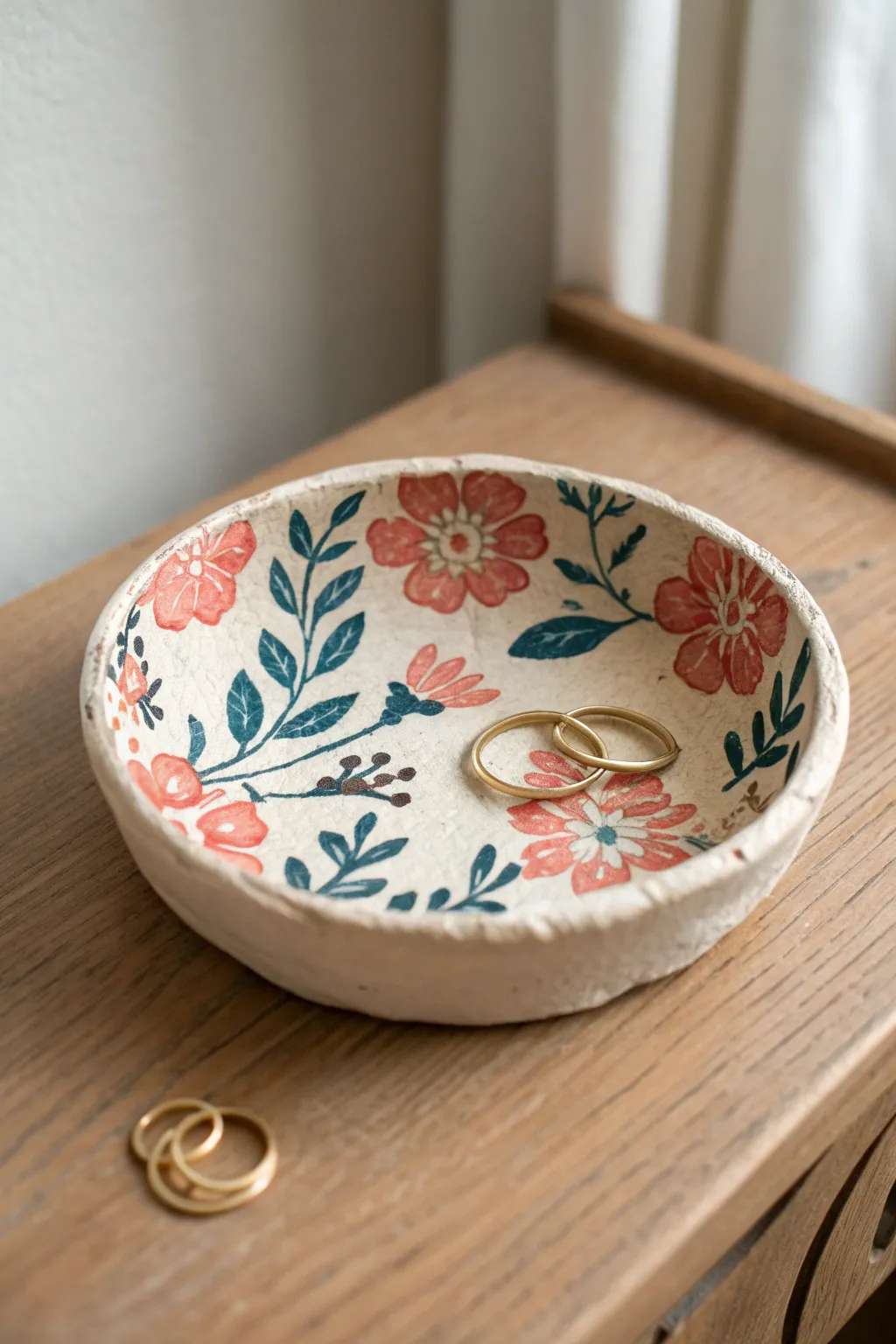 DIY-worthy decoupage trinket dish in air dry clay, perfect for rings and tiny treasures.