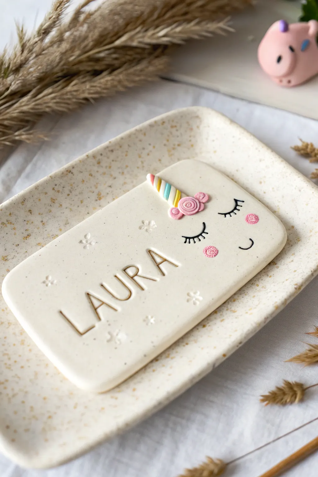 Minimal air dry clay name plaque with a sleepy unicorn corner accent in soft pastel tones