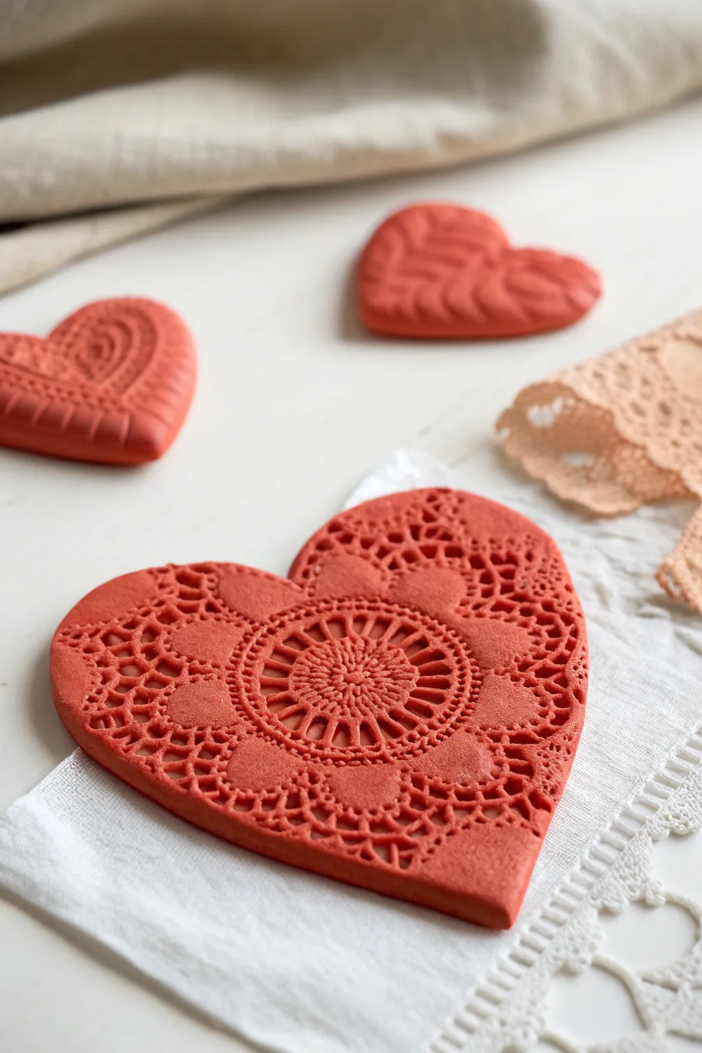 Doily-pressed lace texture heart in matte coral red, a simple air dry clay Valentine DIY