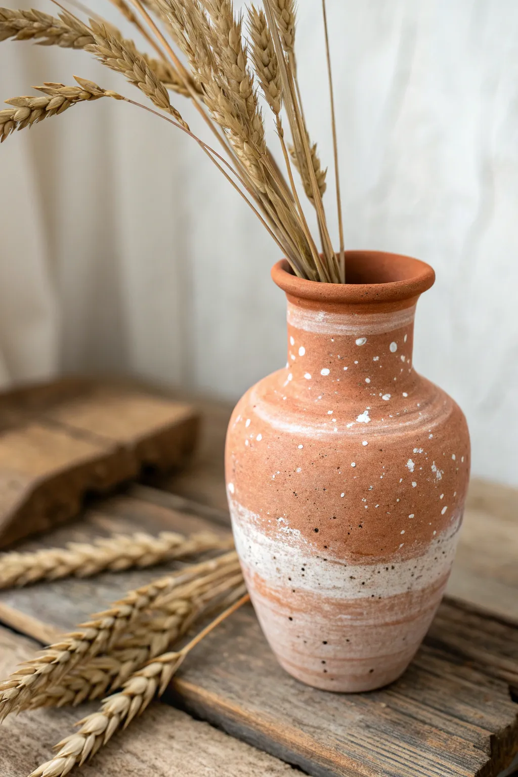 Warm terracotta-style air dry clay vase with wheat stems, minimal boho styling and crisp contrast