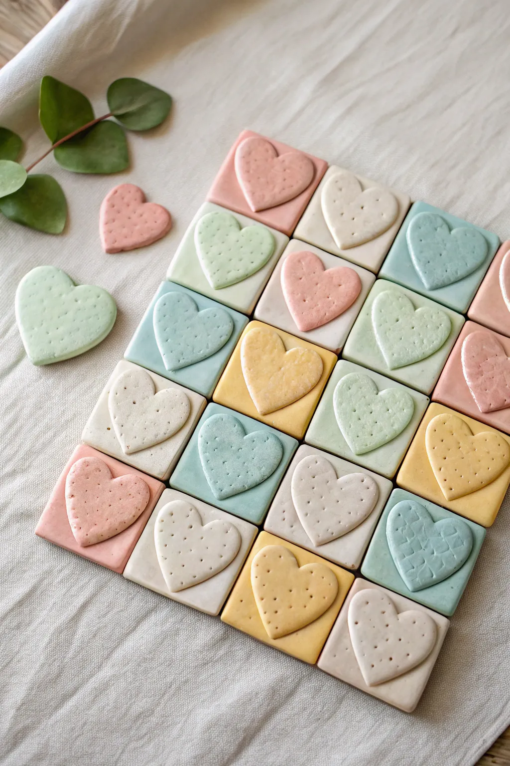 Puffy heart wall tiles in pastel tones, a cute air-dry clay idea for an easy minimalist wall grid.
