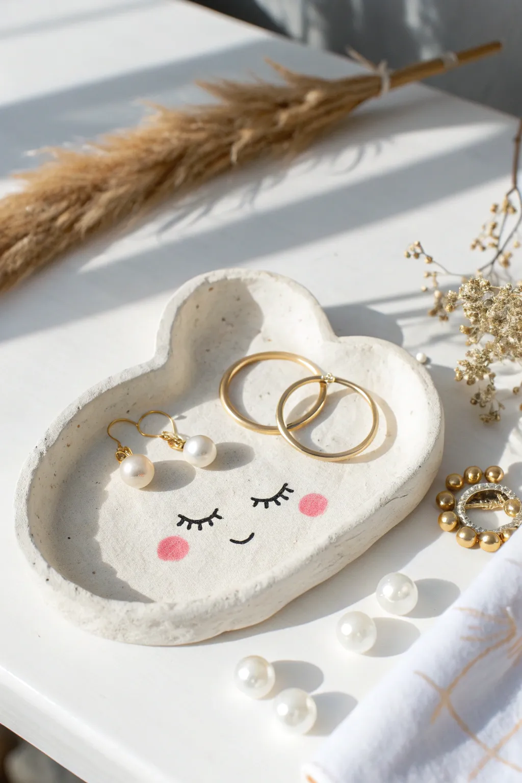 Sweet cloud tray with rosy cheeks, a cute air dry clay idea for organizing earrings