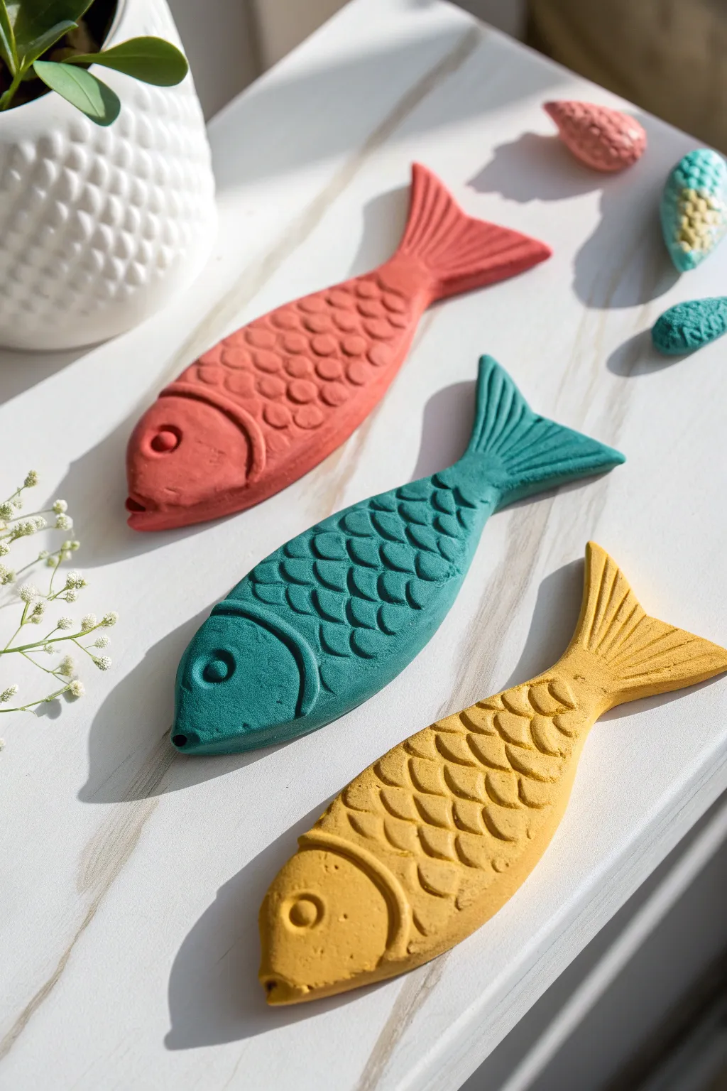 Tiny clay fish with big fins in bold coral, teal, and mustard, styled minimal on white.