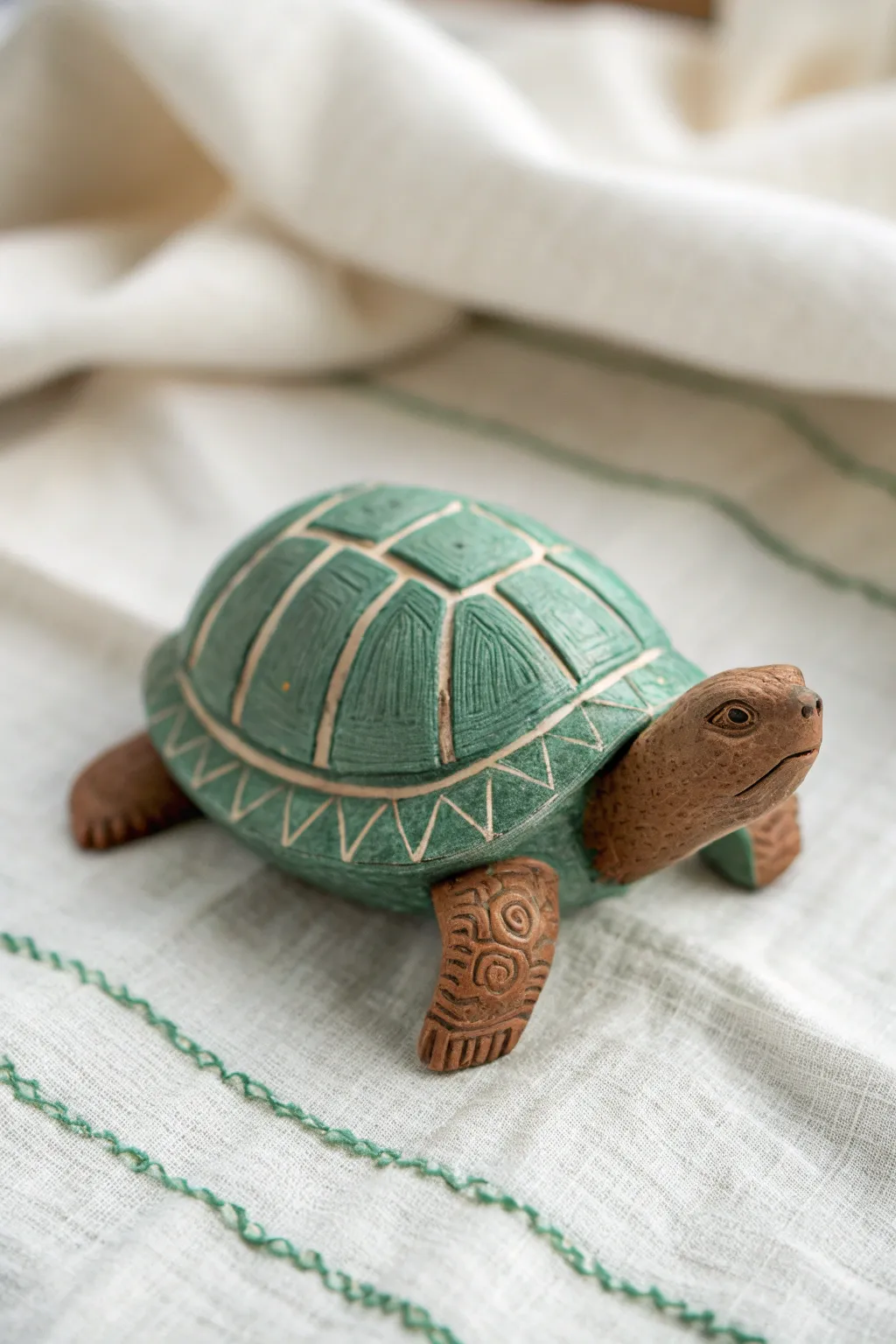 Easy textured clay turtle in bold colors, minimal Scandinavian styling with boho warmth.
