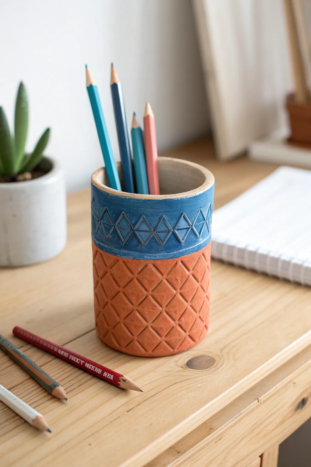Chunky two-tone air dry clay pencil holder with stamped texture, perfect for a kids desk craft.