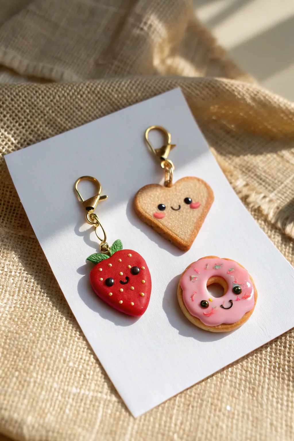 Cute clay food face mini charms on a clean white card, bold colors with a minimalist boho vibe