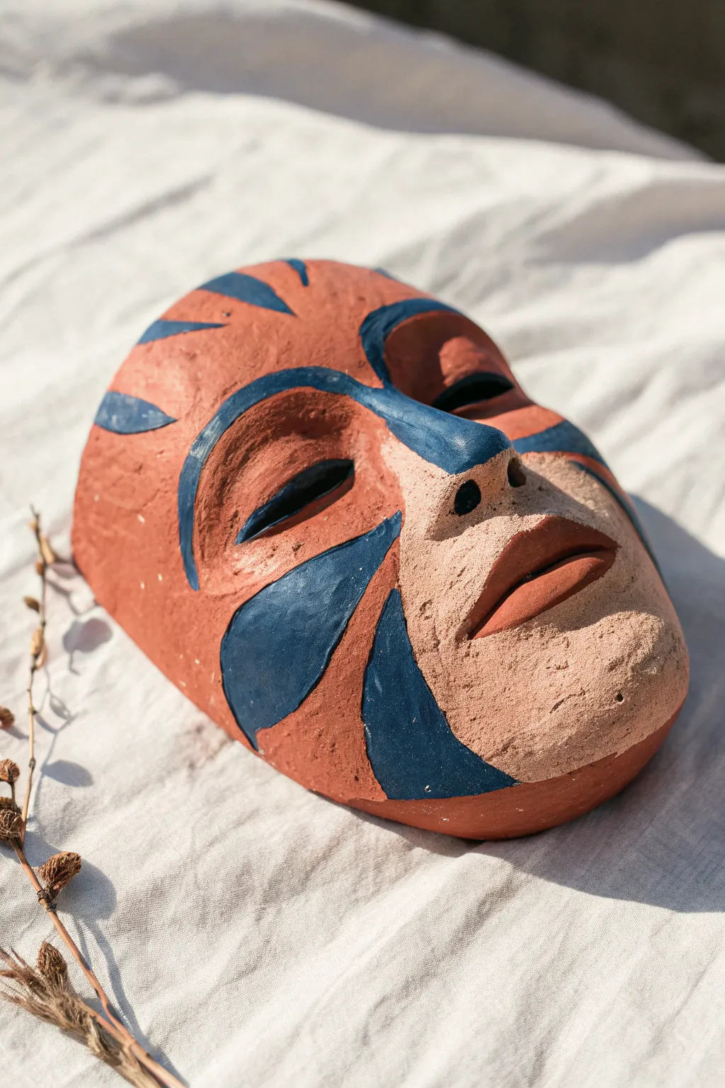 Chunky animal-feature clay mask: simple to make, bold in color, and beautifully minimalist-boho.