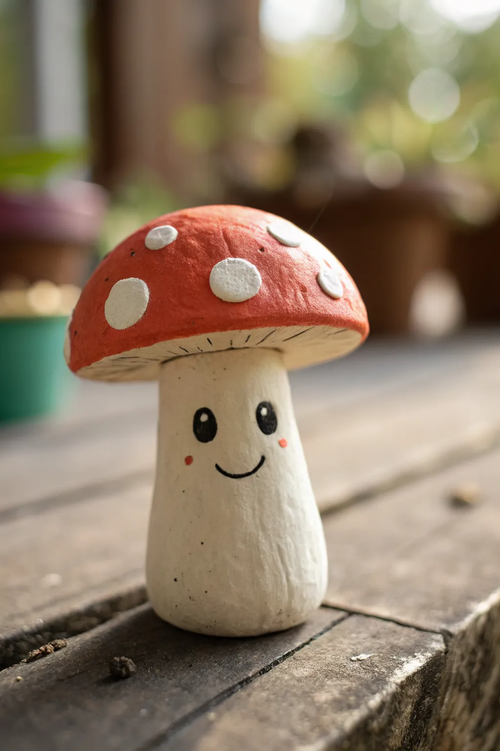 Smiley mushroom friend in air-dry clay, a charming beginner sculpture with bold cozy color pop.