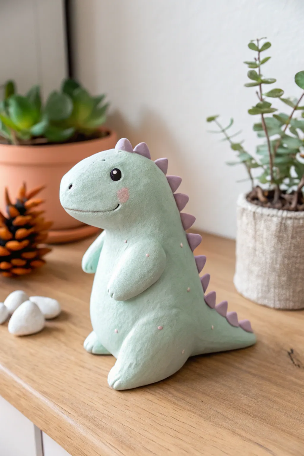 Mini mint dino with rounded spikes: the cutest easy clay project for beginners and gifts.