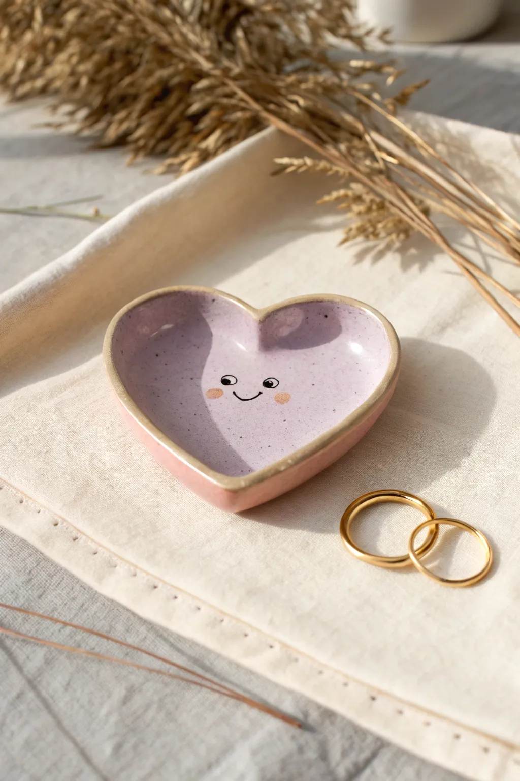 Sweet lavender heart trinket dish with a tiny face, perfect for rings and blush-toned decor.