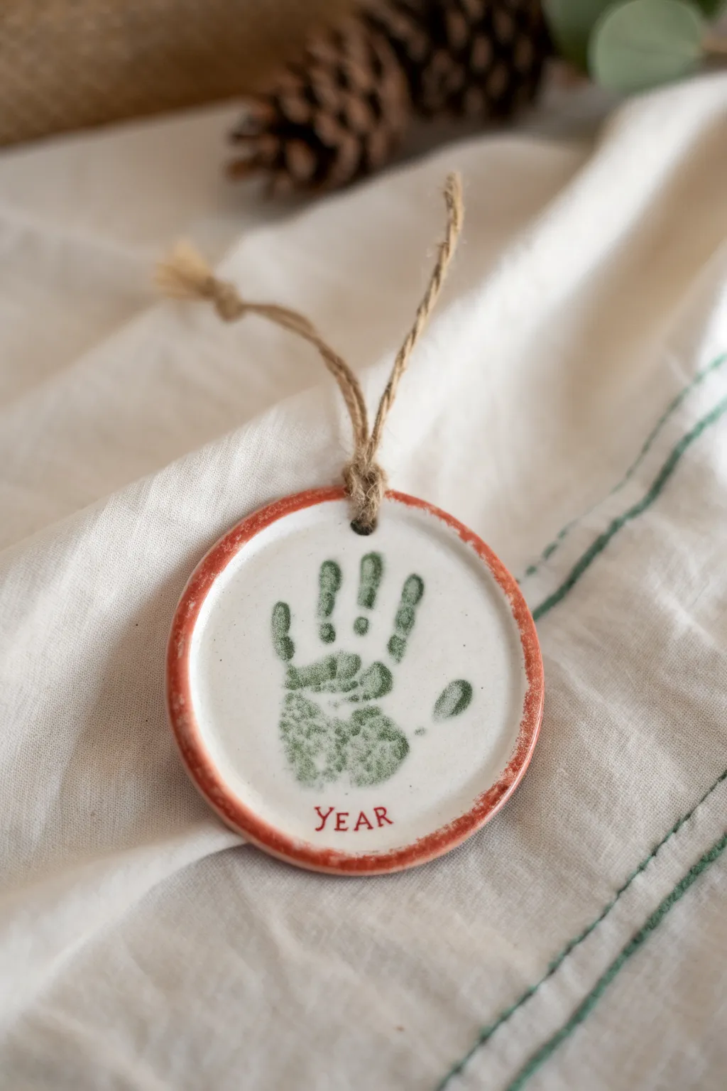 Festive clay handprint ornament keepsake in cozy minimal holiday colors, a sweet baby memory.